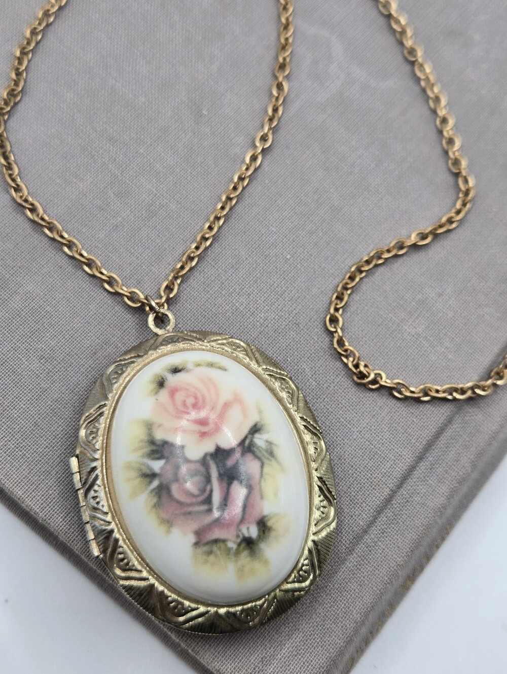 Mid Century Gold Pocket Locket Necklace Victorian Revival Floral Cameo Cabochon